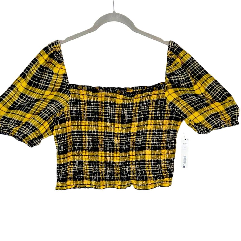 Aqua Flannel Crop Top Punk Puff Sleeve Yellow Plaid Clueless Vibe Smocked sz L